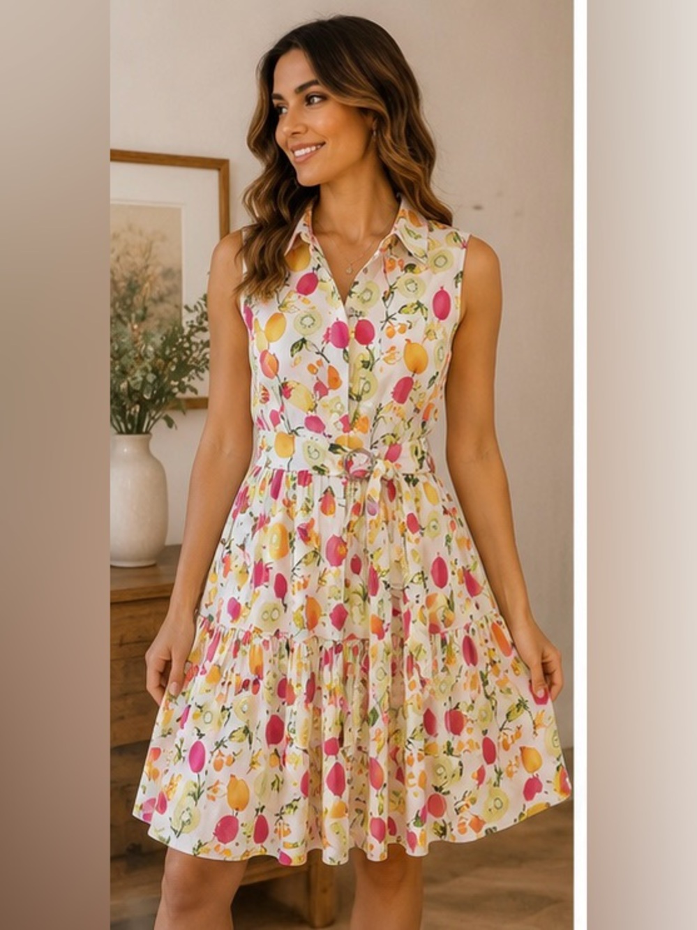 Cynthia Rowley Women's Fruit Print Linen Blend Tiered Button Belted Dress 4